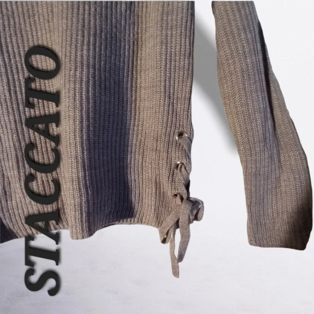 Staccato Knit Sweater Lace-Up Sides‎ Ribbed Crew Neck Casual Brown Size S